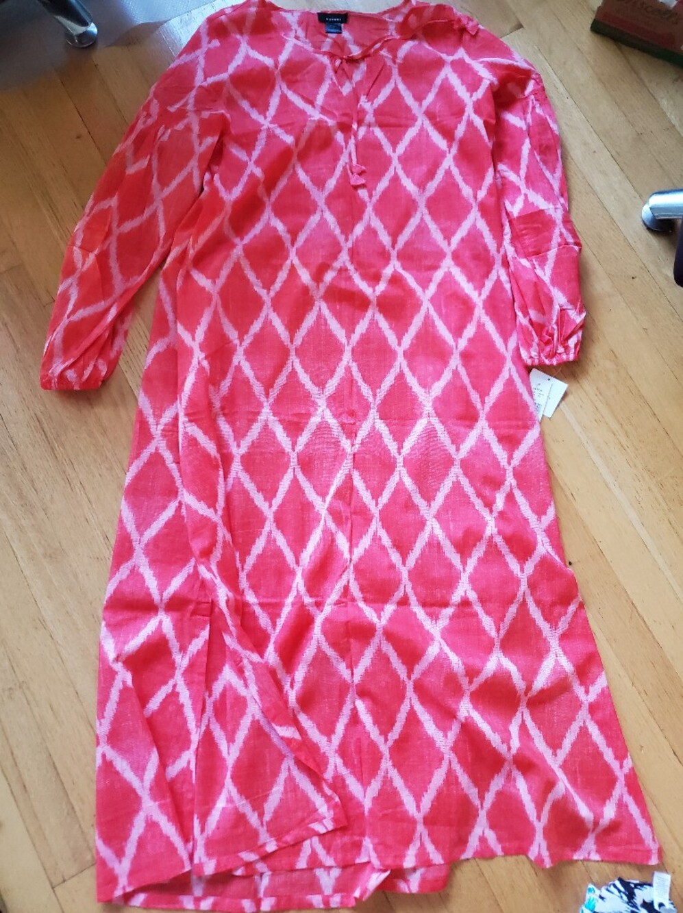 (nwt) Natori Coral and White Ikat Diamond-Print Thin Cotton Caftan